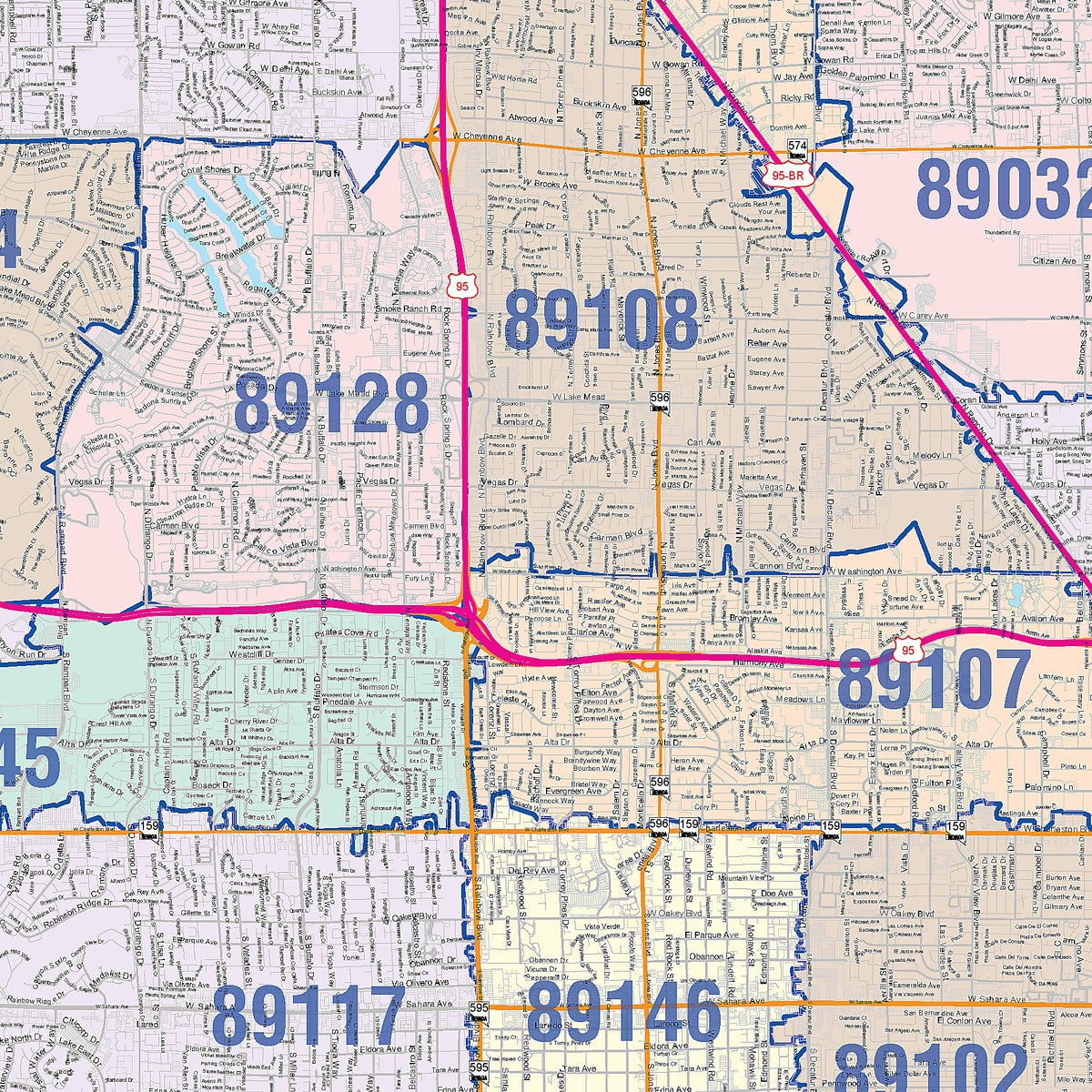 Color Cast Zip Code Style Wall Map of Las Vegas NV