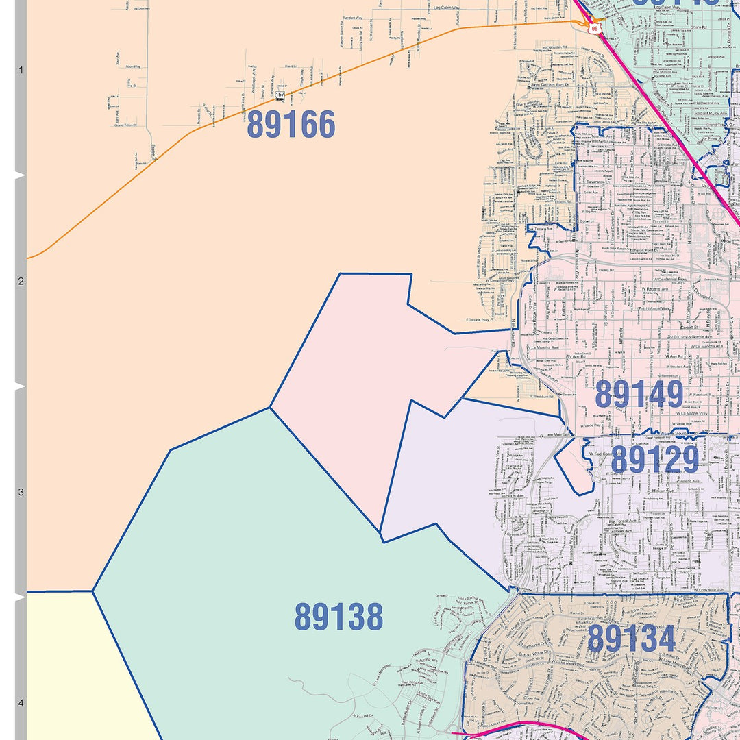 Color Cast Zip Code Style Wall Map of Las Vegas NV