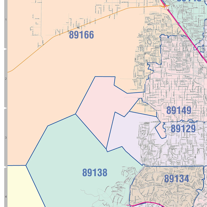 Color Cast Zip Code Style Wall Map of Las Vegas NV