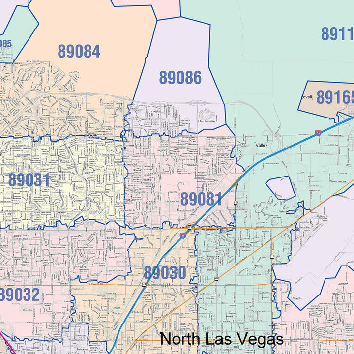 Color Cast Zip Code Style Wall Map of Las Vegas NV
