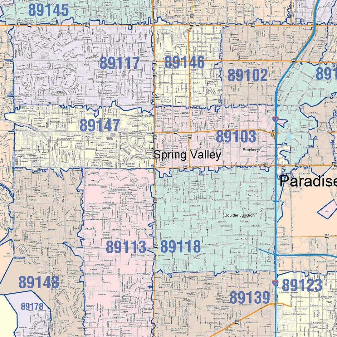 Color Cast Zip Code Style Wall Map of Las Vegas NV