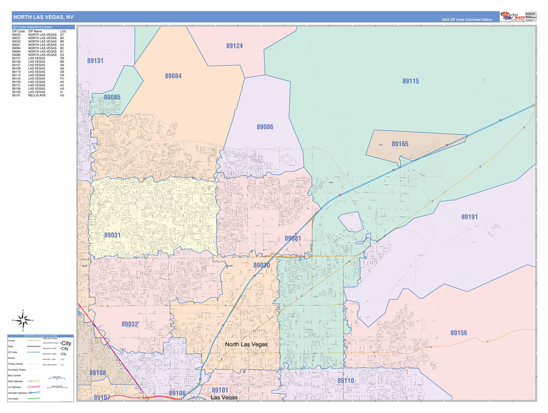 Color Cast Zip Code Style Wall Map of North Las Vegas, NV