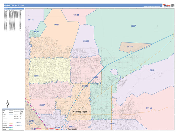 Color Cast Zip Code Style Wall Map of North Las Vegas, NV