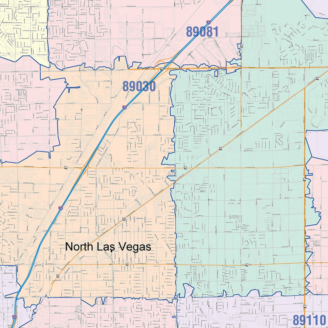 Color Cast Zip Code Style Wall Map of North Las Vegas, NV