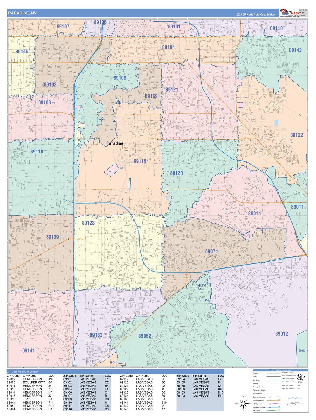 Color Cast Zip Code Style Wall Map of Paradise, NV