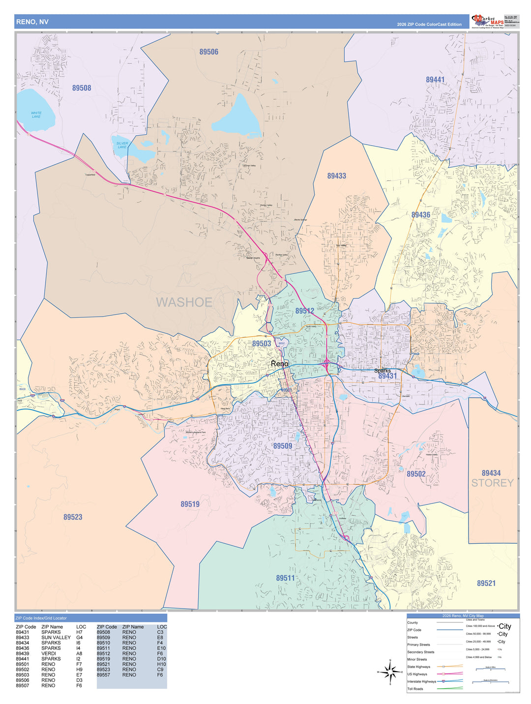 Color Cast Zip Code Style Wall Map of Reno, NV