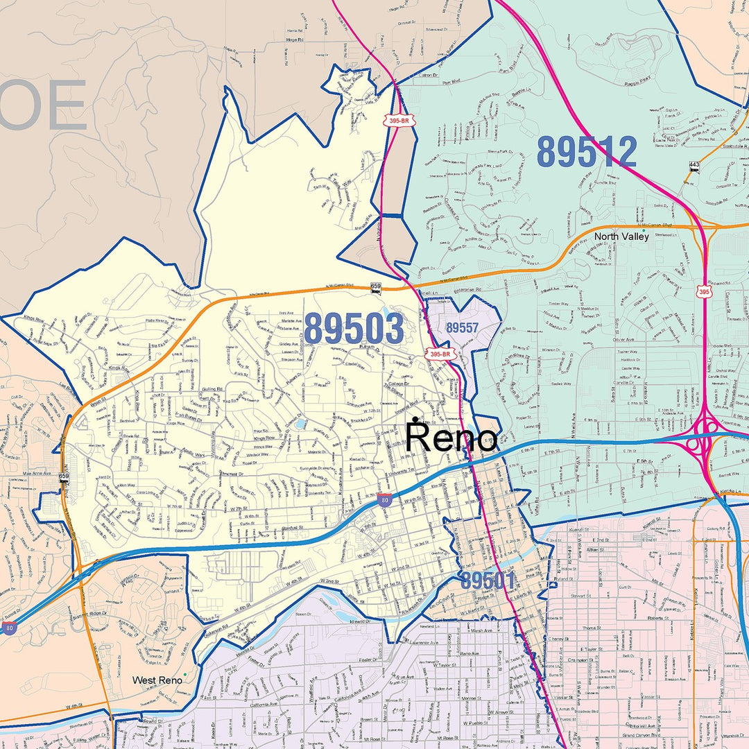 Color Cast Zip Code Style Wall Map of Reno, NV