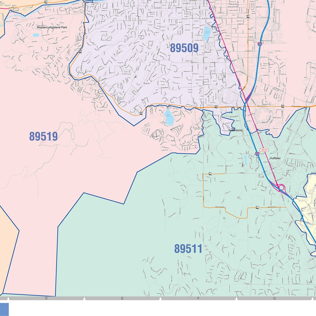 Color Cast Zip Code Style Wall Map of Reno, NV