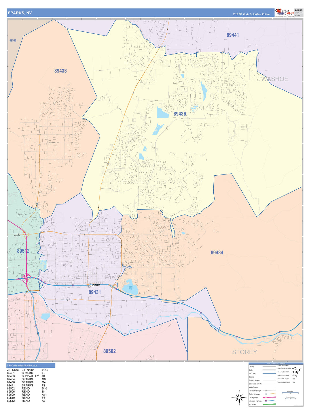 Color Cast Zip Code Style Wall Map of Sparks, NV