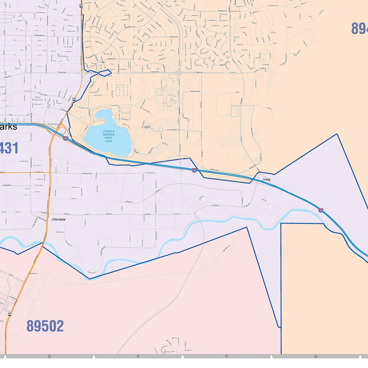 Color Cast Zip Code Style Wall Map of Sparks, NV