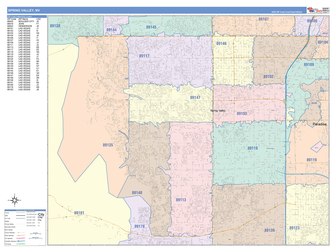 Color Cast Zip Code Style Wall Map of Spring Valley, NV