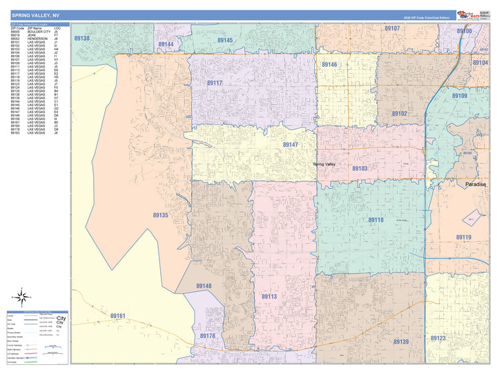Color Cast Zip Code Style Wall Map of Spring Valley, NV