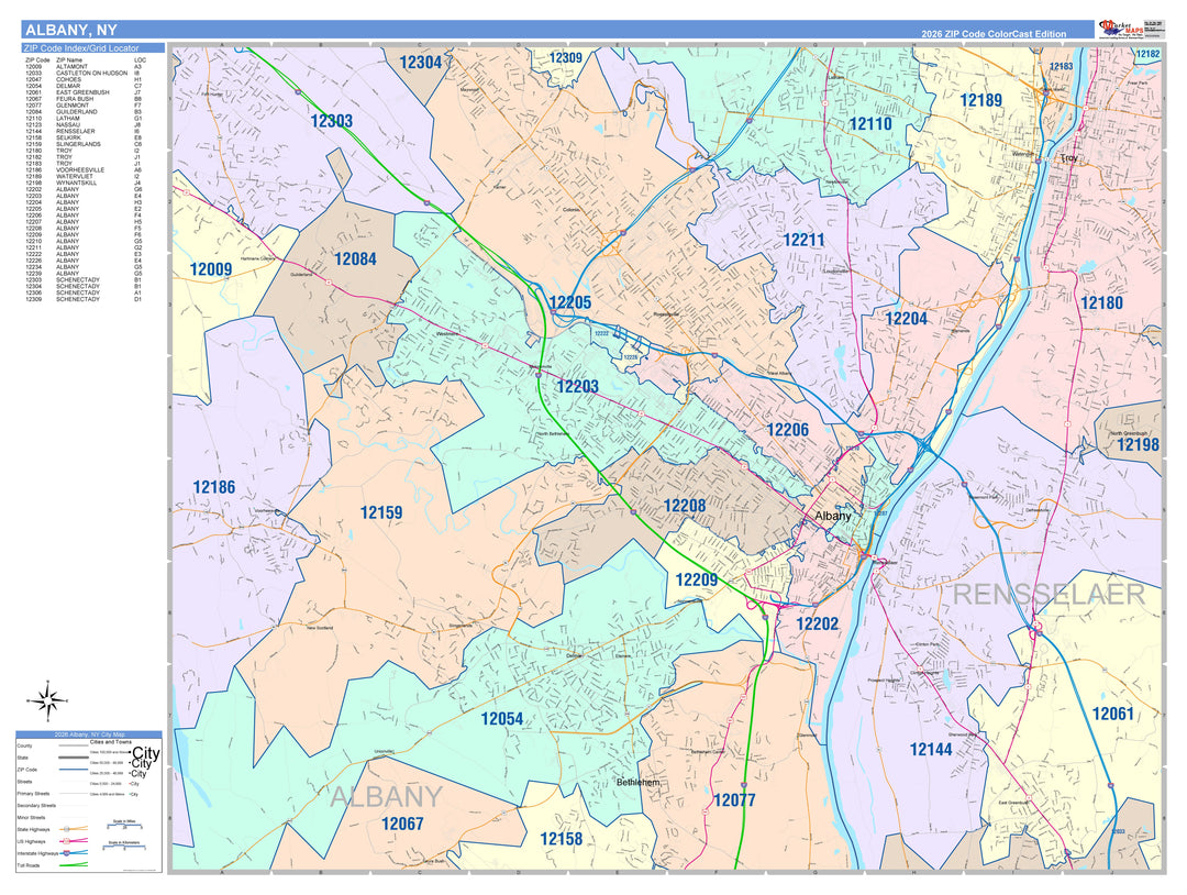 Color Cast Zip Code Style Wall Map of Albany, NY