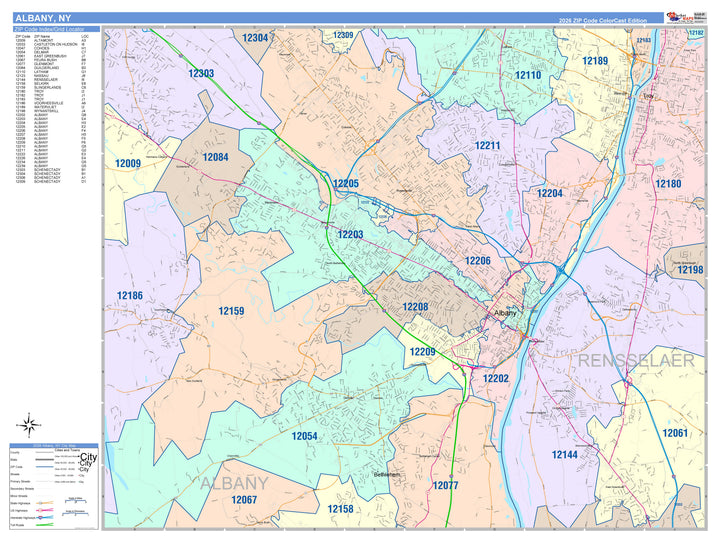Color Cast Zip Code Style Wall Map of Albany, NY