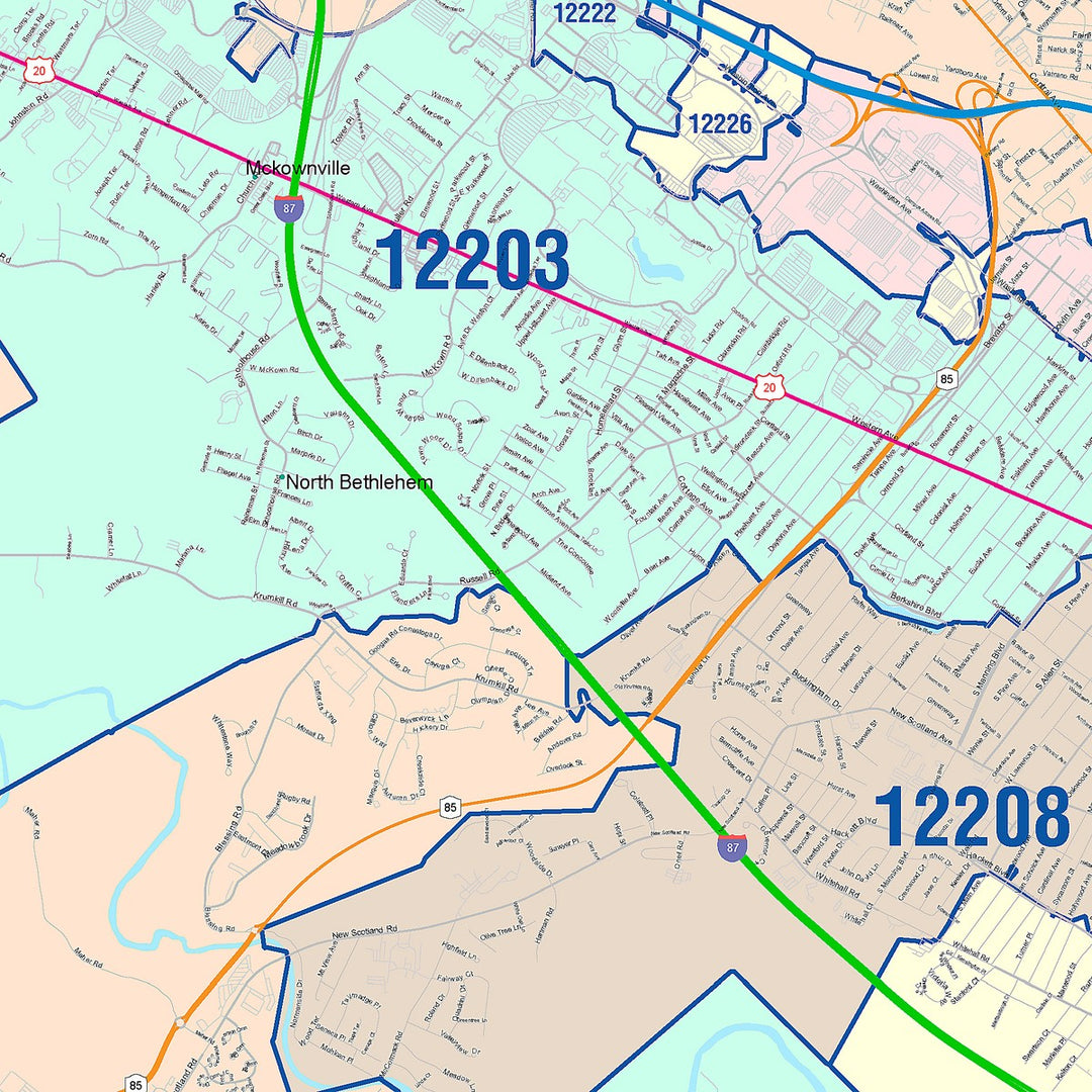 Color Cast Zip Code Style Wall Map of Albany, NY