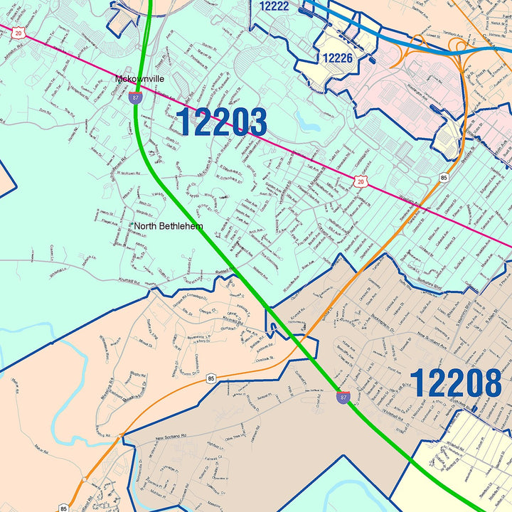 Color Cast Zip Code Style Wall Map of Albany, NY