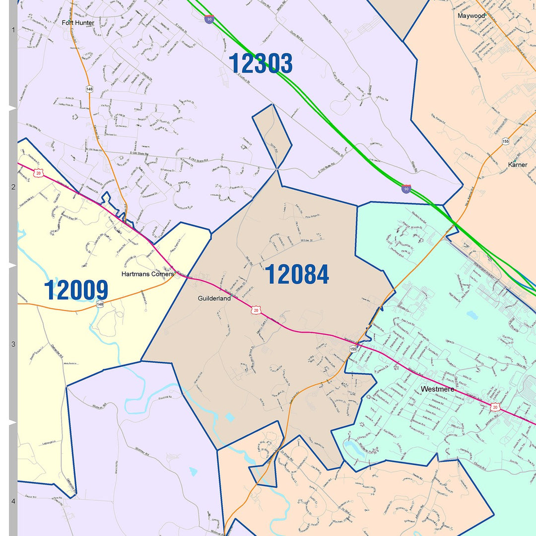 Color Cast Zip Code Style Wall Map of Albany, NY
