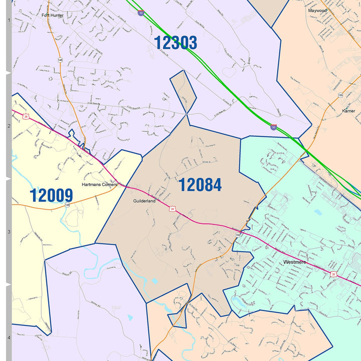 Color Cast Zip Code Style Wall Map of Albany, NY