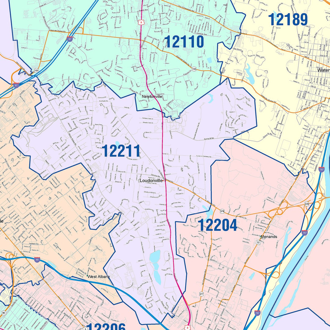 Color Cast Zip Code Style Wall Map of Albany, NY