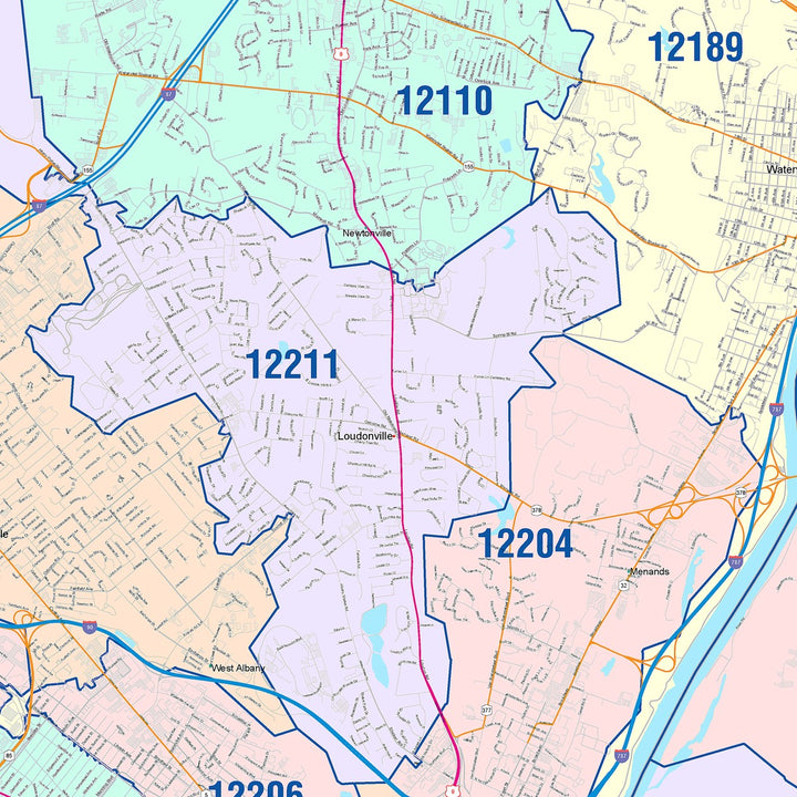 Color Cast Zip Code Style Wall Map of Albany, NY