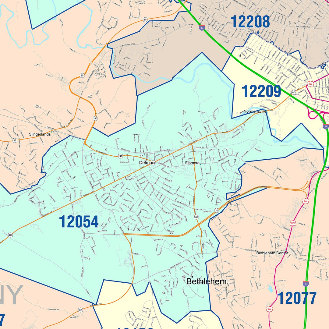Color Cast Zip Code Style Wall Map of Albany, NY
