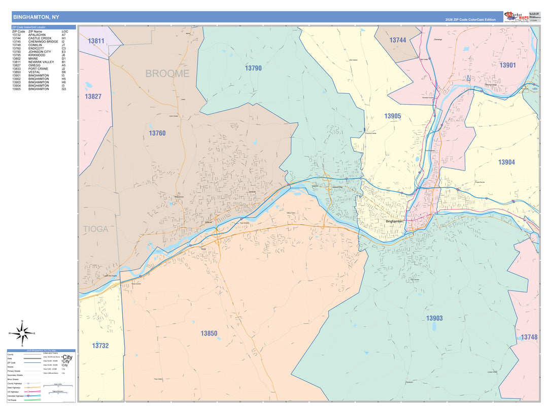 Color Cast Zip Code Style Wall Map of Binghamton, NY