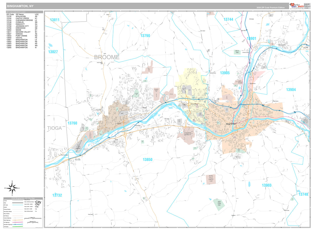 Premium Style Wall Map of Binghamton, NY