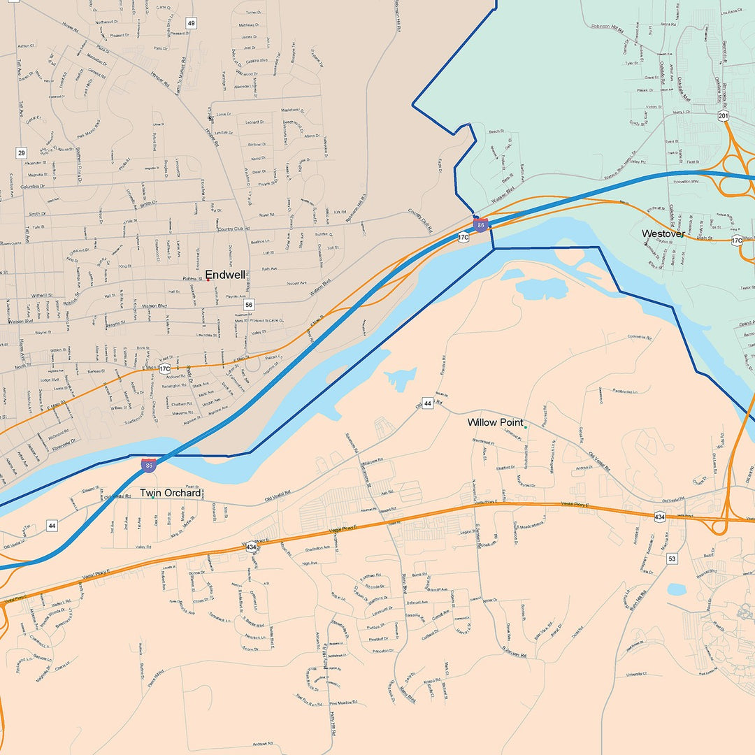 Color Cast Zip Code Style Wall Map of Binghamton, NY