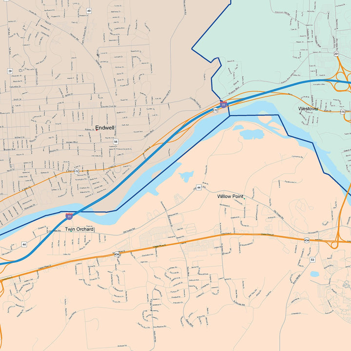 Color Cast Zip Code Style Wall Map of Binghamton, NY