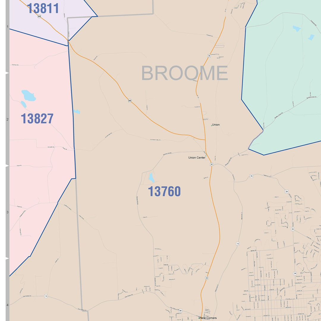 Color Cast Zip Code Style Wall Map of Binghamton, NY