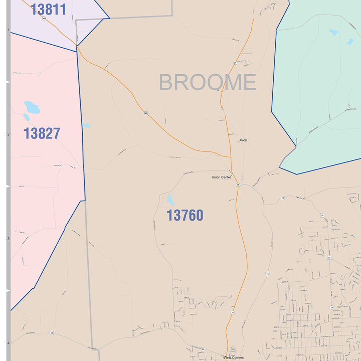 Color Cast Zip Code Style Wall Map of Binghamton, NY