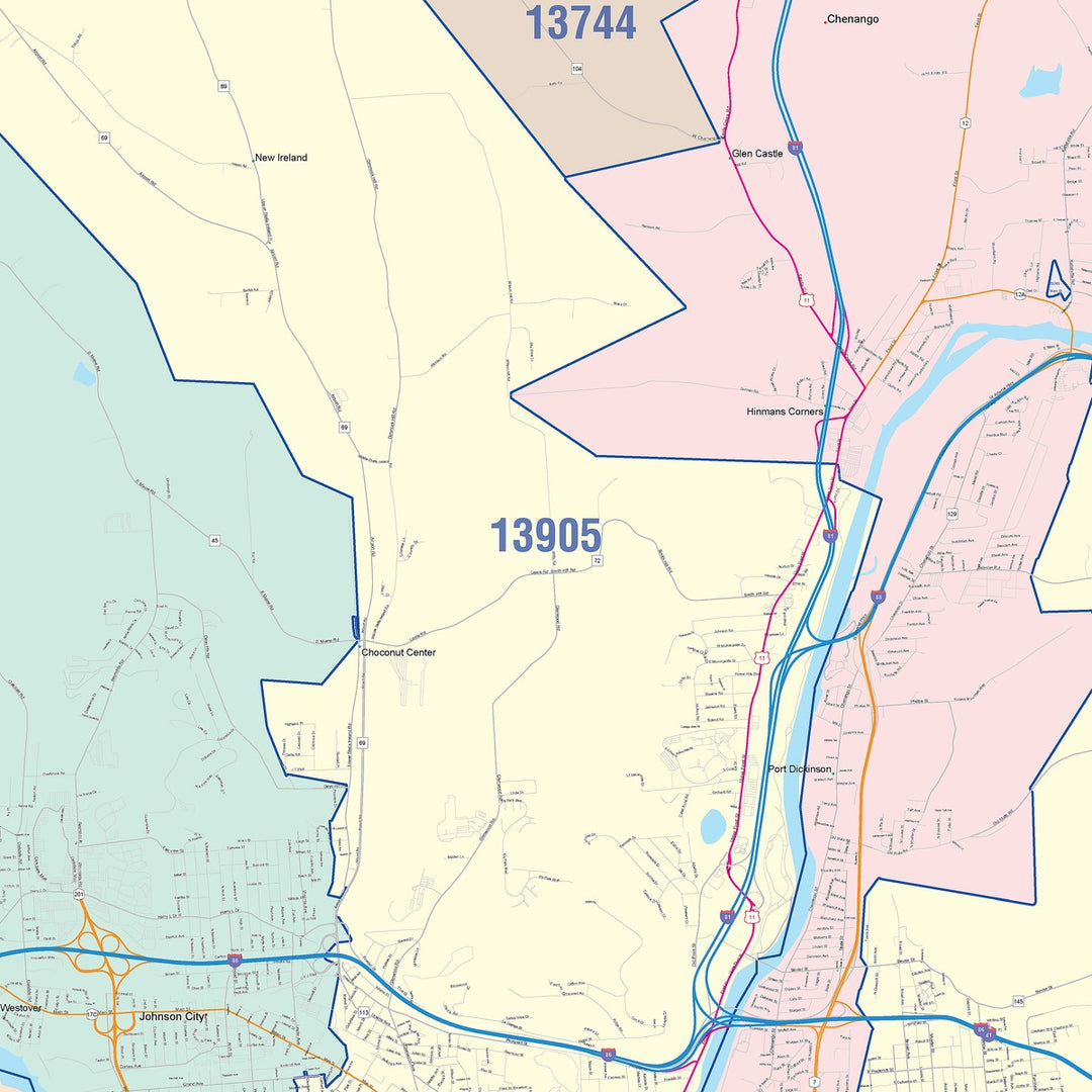 Color Cast Zip Code Style Wall Map of Binghamton, NY