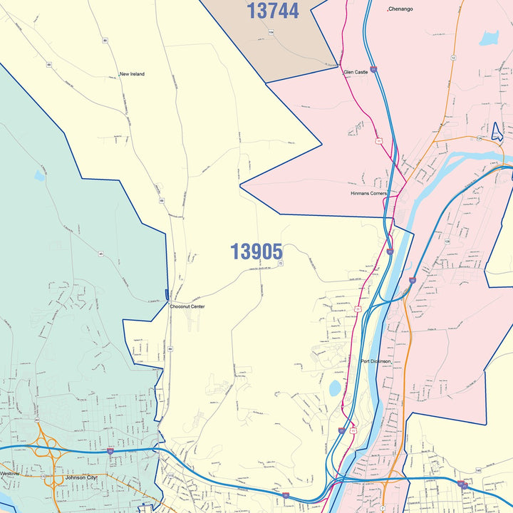 Color Cast Zip Code Style Wall Map of Binghamton, NY