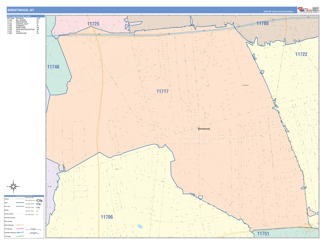 Color Cast Zip Code Style Wall Map of Brentwood, NY