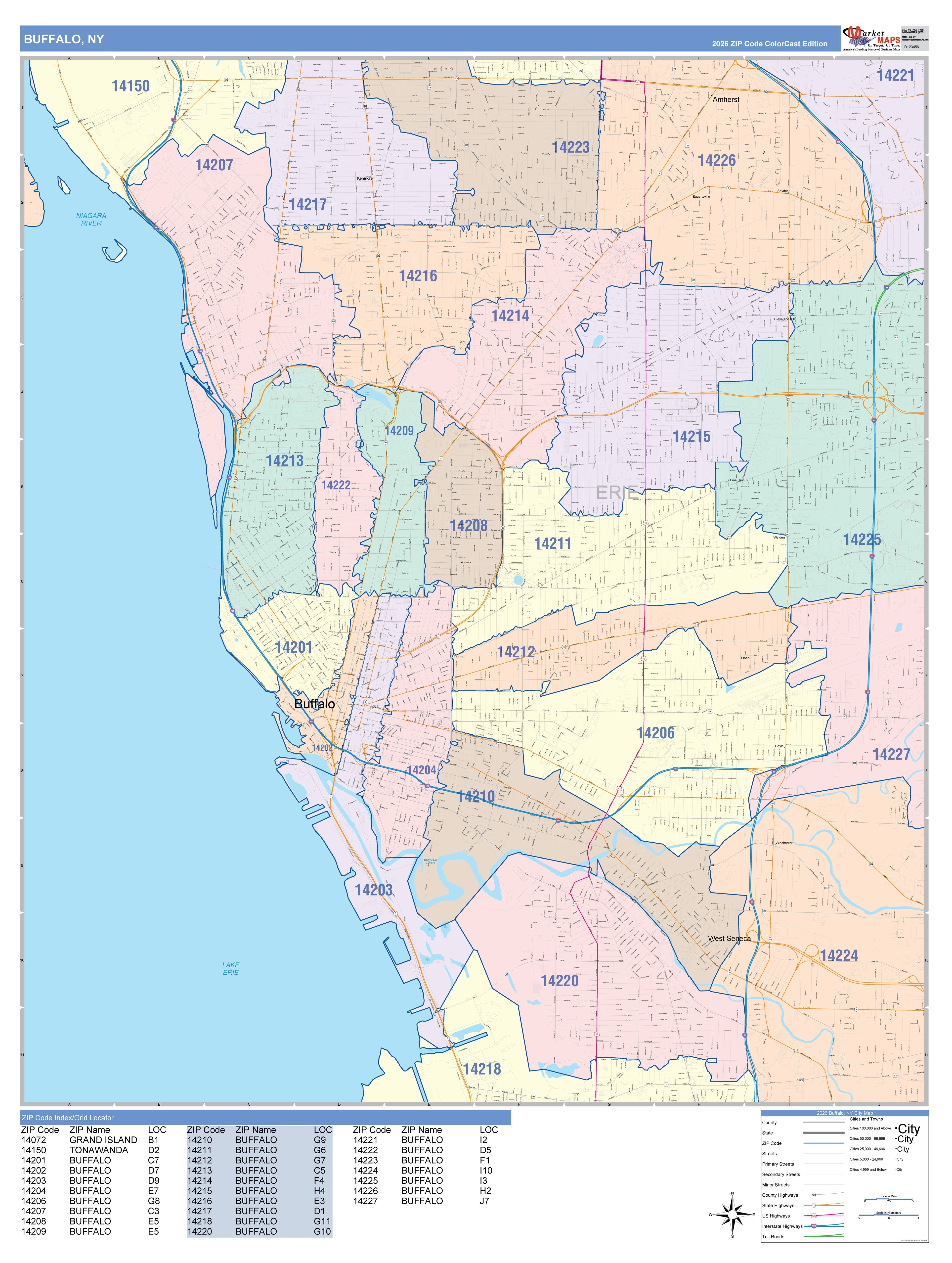Color Cast Zip Code Style Wall Map of Buffalo, NY – American Map Store