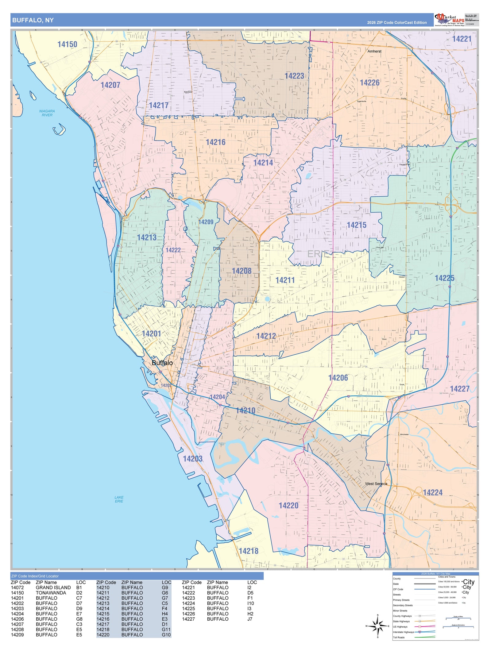 Color Cast Zip Code Style Wall Map of Buffalo NY