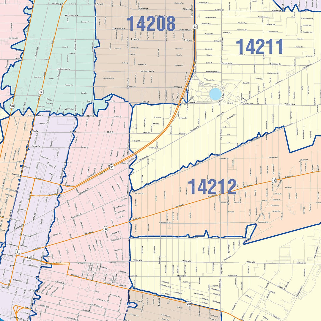 Color Cast Zip Code Style Wall Map of Buffalo NY