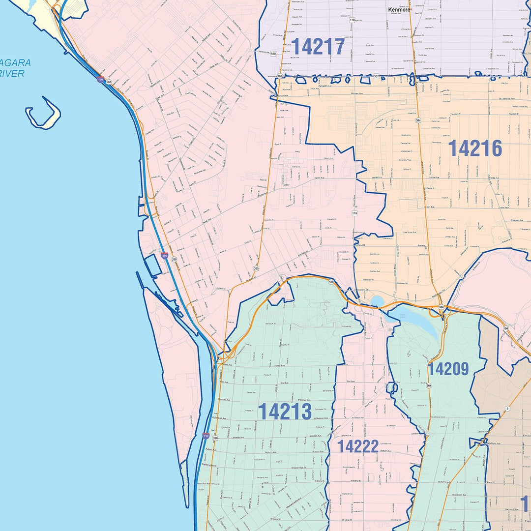 Color Cast Zip Code Style Wall Map of Buffalo NY
