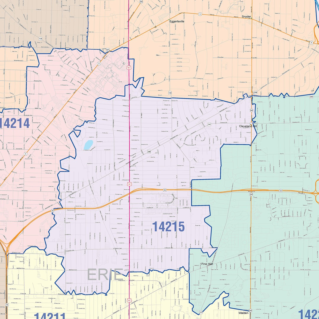 Color Cast Zip Code Style Wall Map of Buffalo NY