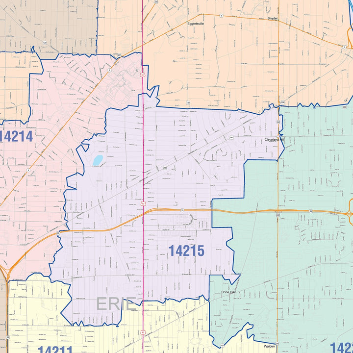 Color Cast Zip Code Style Wall Map of Buffalo NY