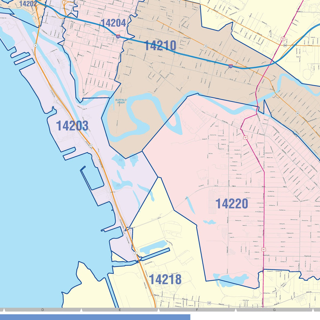 Color Cast Zip Code Style Wall Map of Buffalo NY
