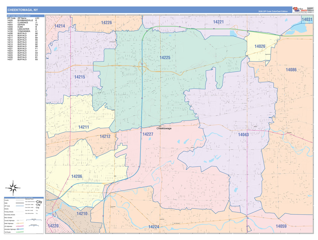 Color Cast Zip Code Style Wall Map of Cheektowaga, NY