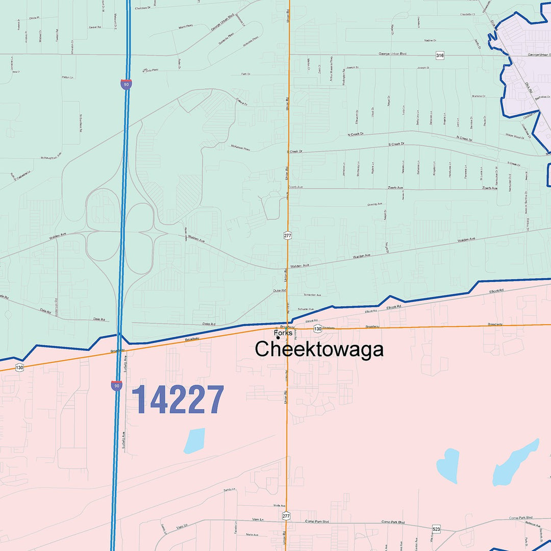 Color Cast Zip Code Style Wall Map of Cheektowaga, NY