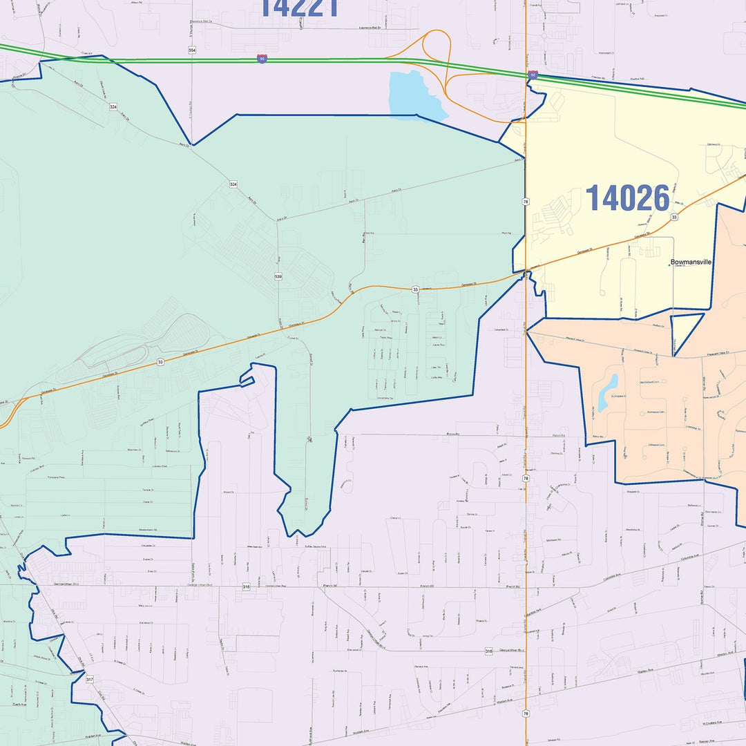 Color Cast Zip Code Style Wall Map of Cheektowaga, NY
