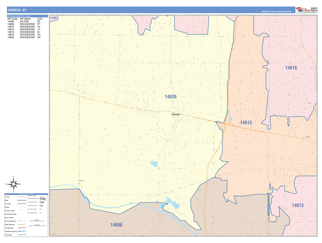 Color Cast Zip Code Style Wall Map of Greece, NY