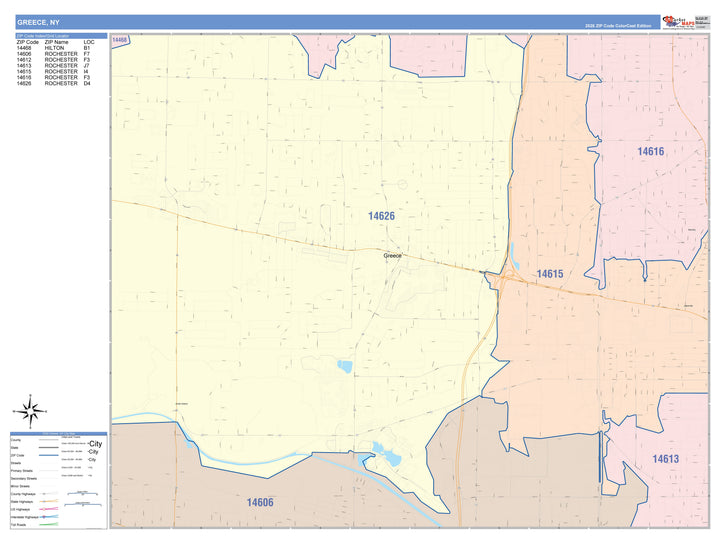 Color Cast Zip Code Style Wall Map of Greece, NY