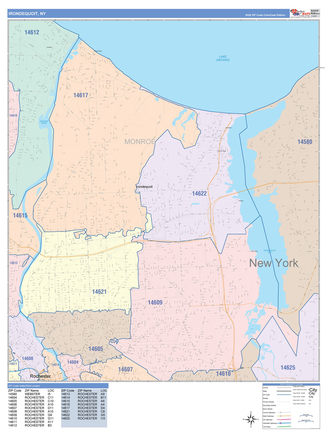 Color Cast Zip Code Style Wall Map of Irondequoit, NY