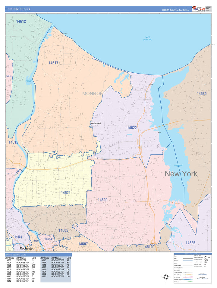 Color Cast Zip Code Style Wall Map of Irondequoit, NY