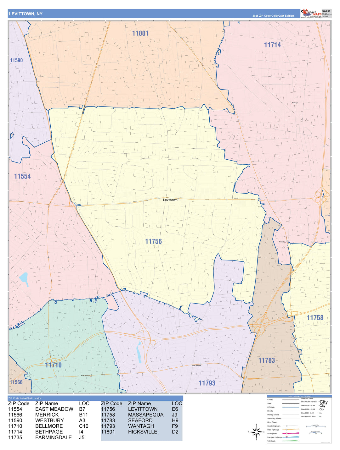 Color Cast Zip Code Style Wall Map of Levittown, NY