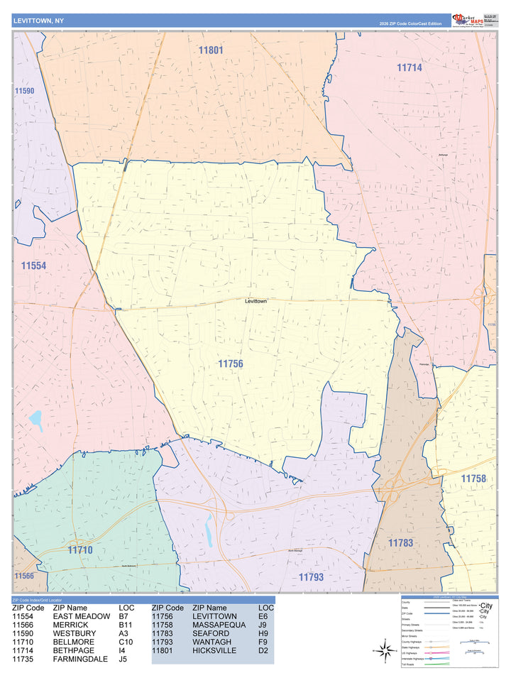Color Cast Zip Code Style Wall Map of Levittown, NY